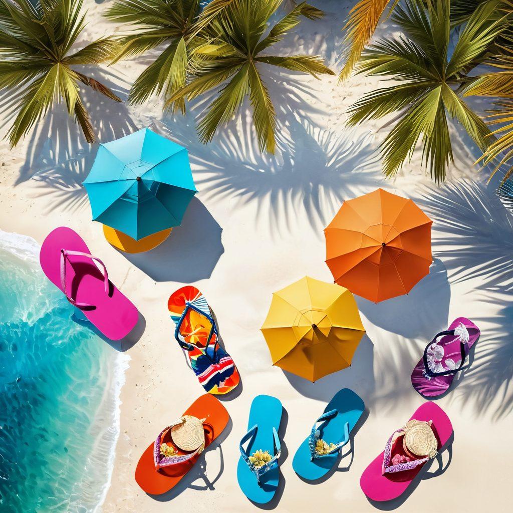 A stylish summer beach scene featuring a diverse group of women showcasing chic bikinis in vibrant colors, lounging under colorful umbrellas, with palm trees swaying in the background. The ocean waves gently lapping at the shore, and a sunlit blue sky overhead, creating an inviting and joyful atmosphere. Include beach accessories like sunglasses, hats, and flip-flops for added detail. super-realistic. vibrant colors. summer vibe.
